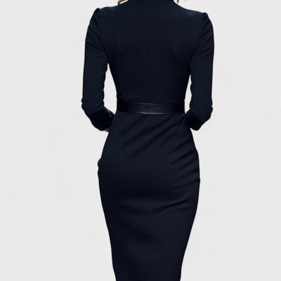 Mandarín - Vestido negro refinado con cinturón y cuello