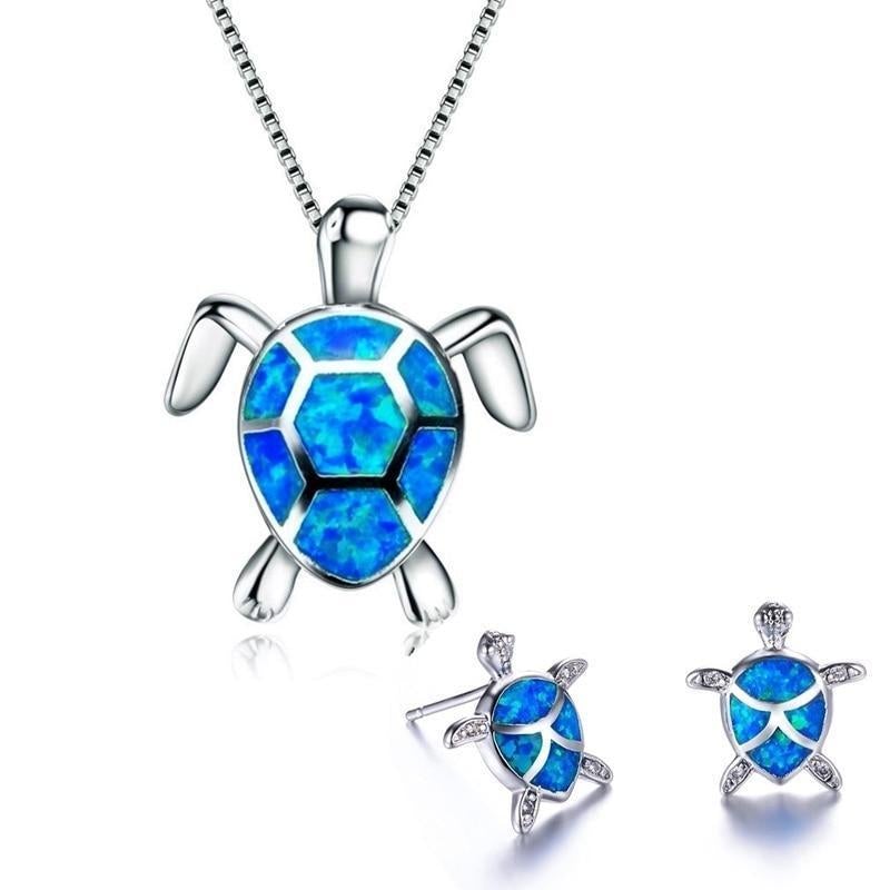 Conjunto Exclusivo de Collar y Pendientes de Tortuga Marina de Ópalo y Plata