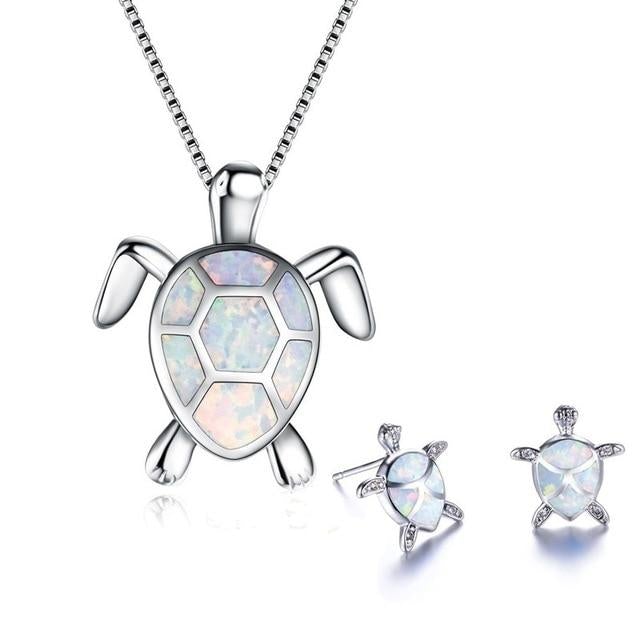 Conjunto Exclusivo de Collar y Pendientes de Tortuga Marina de Ópalo y Plata