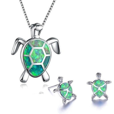 Conjunto Exclusivo de Collar y Pendientes de Tortuga Marina de Ópalo y Plata