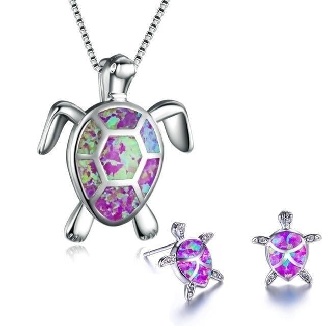 Conjunto Exclusivo de Collar y Pendientes de Tortuga Marina de Ópalo y Plata