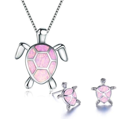 Conjunto Exclusivo de Collar y Pendientes de Tortuga Marina de Ópalo y Plata